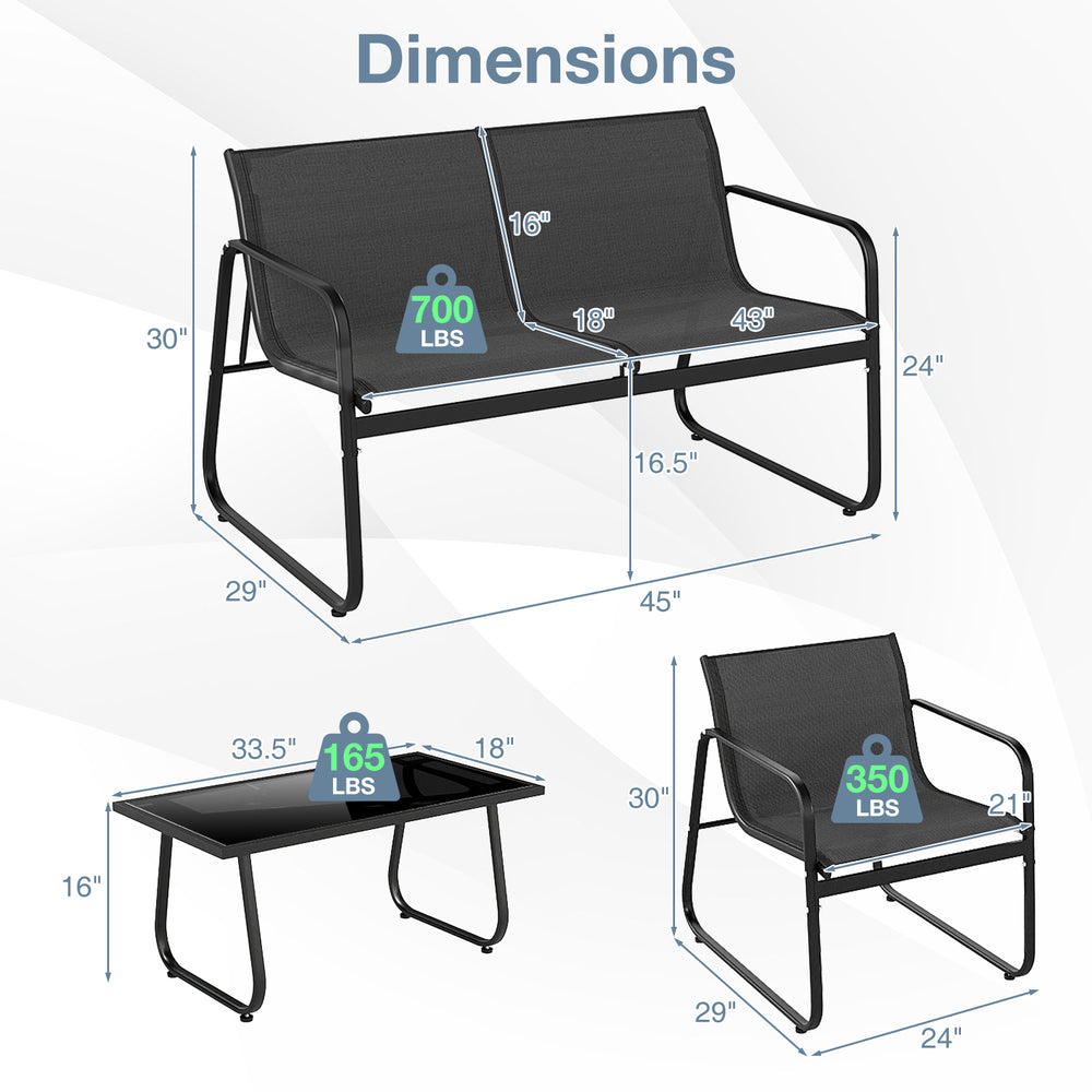 Dimensions of the 4-piece patio furniture set featuring a loveseat, two chairs, and a glass coffee table for outdoor.