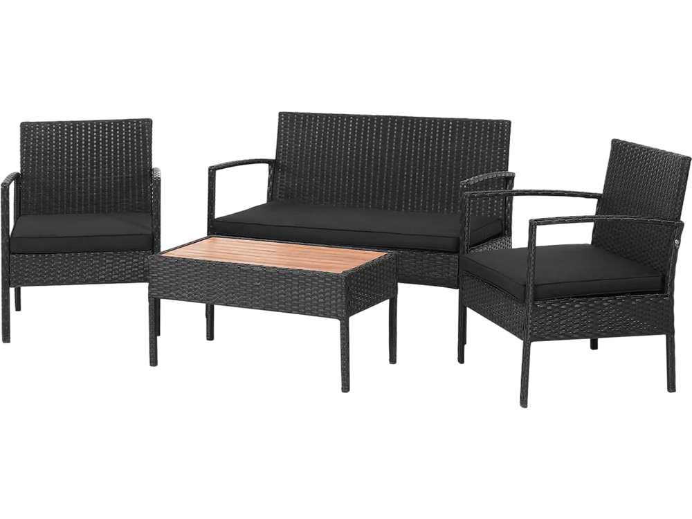 4 Pieces Patio Rattan Cushioned Furniture Set with Wooden Tabletop