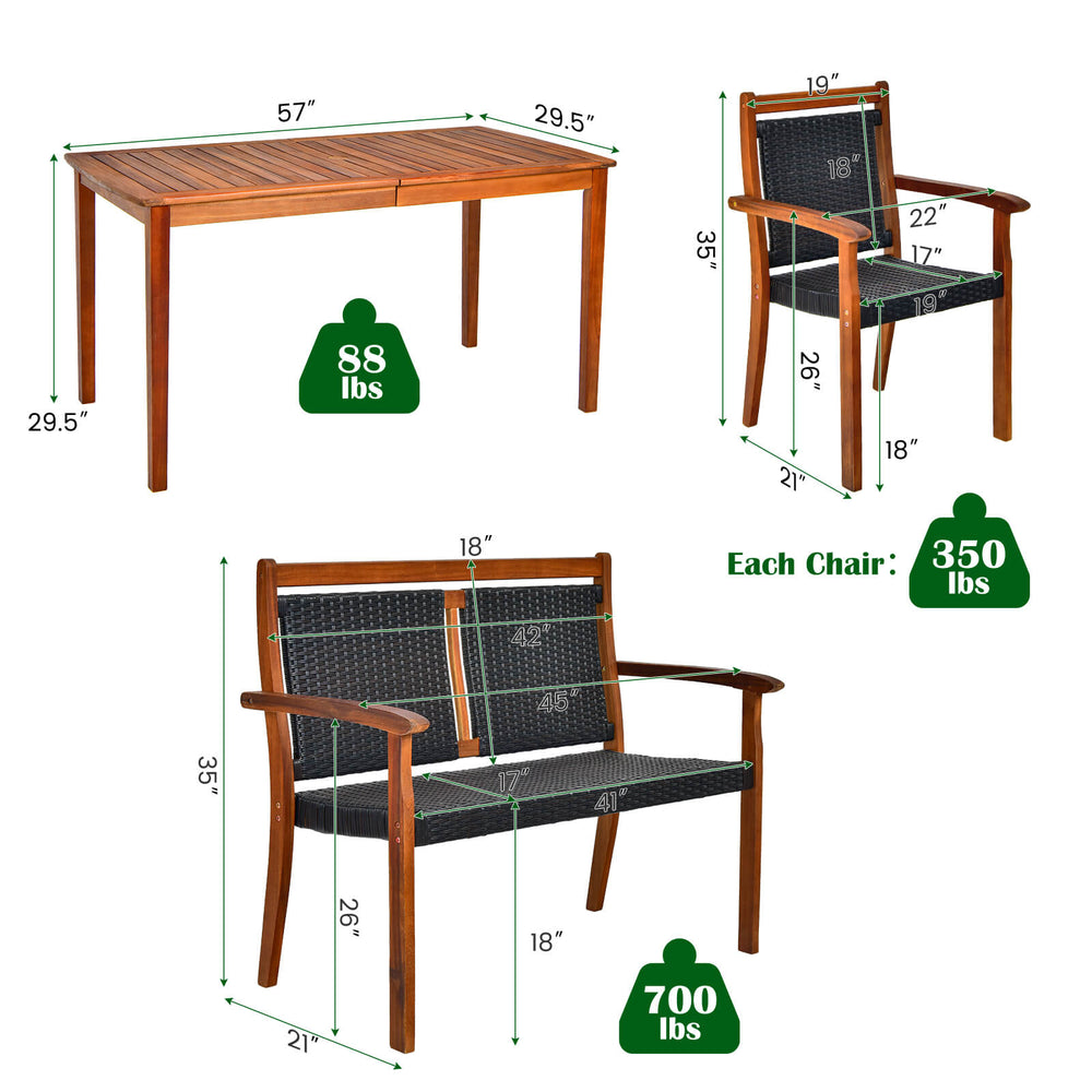 Acacia wood patio dining set featuring a table, loveseat, and two chairs, perfect for outdoor gatherings.
