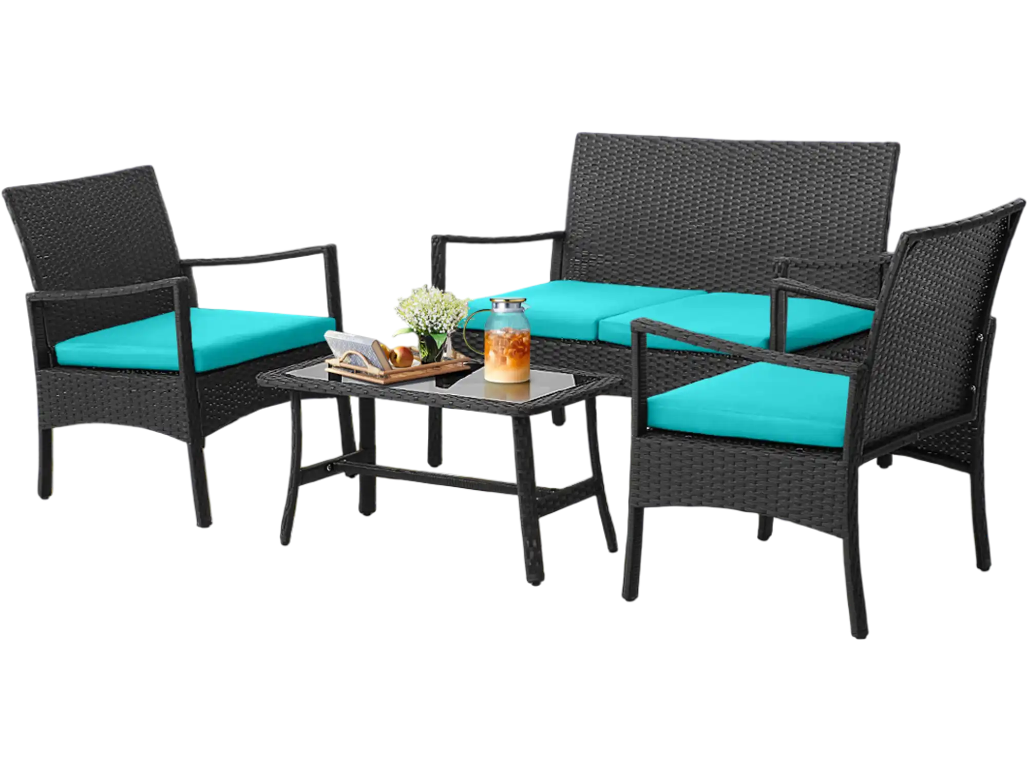 Costway 4-Piece Rattan Patio Conversation Set w/ Glass Coffee Table Turquoise 57916342 New
