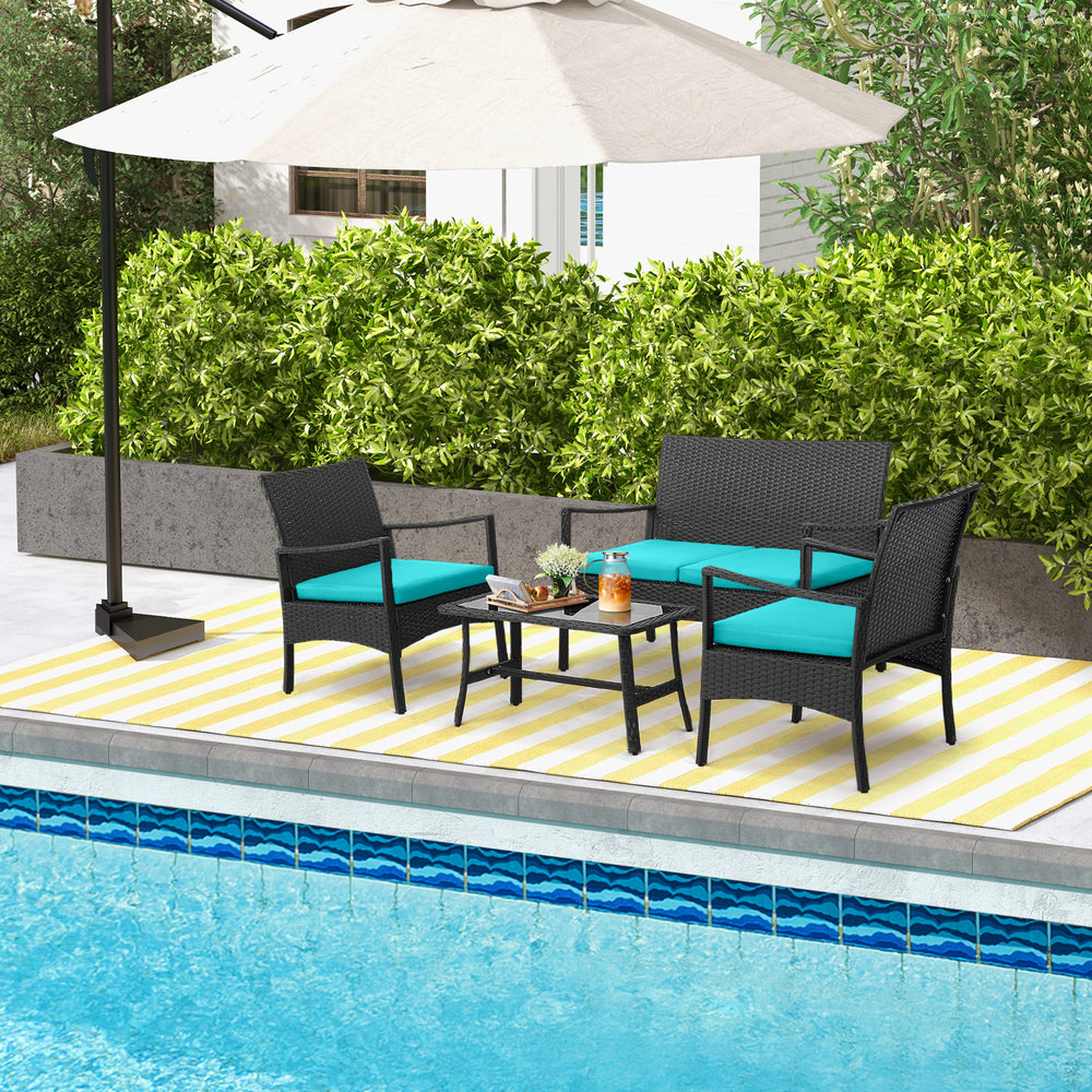 4 Pieces Rattan Conversation Set with Tempered Glass Coffee Table-Turquoise - Gallery View 1 of 10