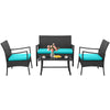 4-piece rattan conversation set with turquoise cushions, featuring a loveseat, two chairs, and a tempered glass coffee.