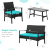 Rattan loveseat and chairs with turquoise cushions, featuring a tempered glass coffee table for outdoor relaxation.