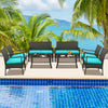 4-piece rattan conversation set with turquoise cushions, featuring a coffee table, ideal for outdoor relaxation by the.
