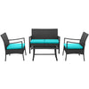 Single rattan chair with turquoise cushion, showcasing durable PE wicker for comfortable outdoor seating.