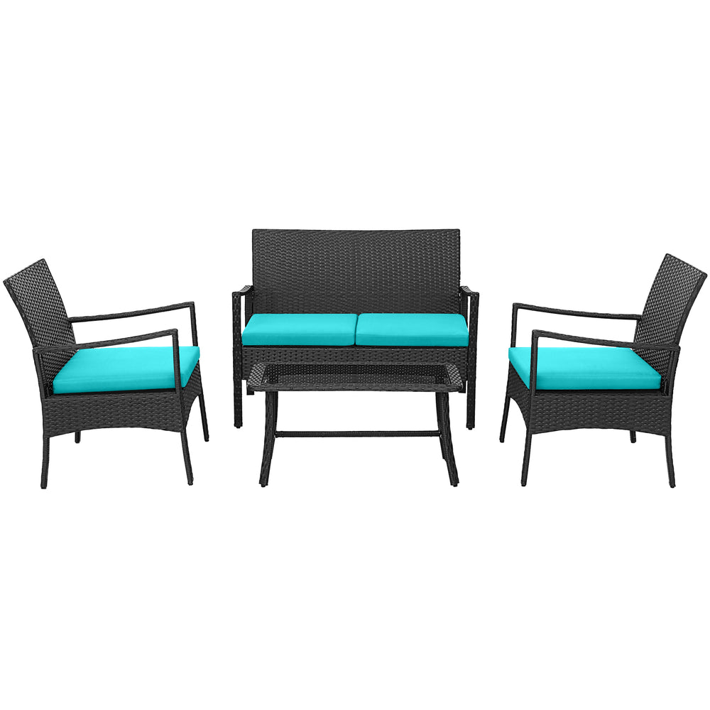 Single rattan chair with turquoise cushion, showcasing durable PE wicker for comfortable outdoor seating.