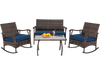 4-piece wicker rocking set with navy cushions, featuring a tempered glass coffee table, perfect for poolside relaxation.