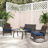 4-piece wicker rocking set with navy cushions, featuring a tempered glass table, ideal for porch or yard relaxation.