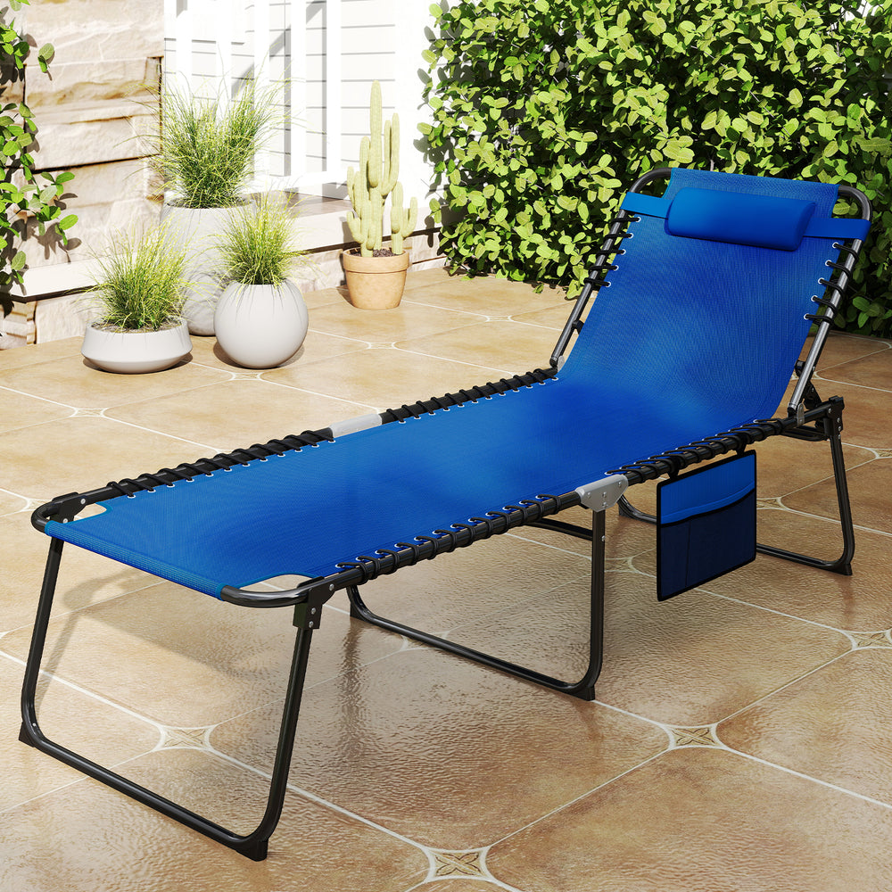Navy 4 position folding lounge chaise with adjustable backrest, footrest, and side pocket for outdoor relaxation.