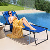 Navy 4-position folding lounge chaise with adjustable backrest, side pocket, and durable fabric for poolside relaxation.