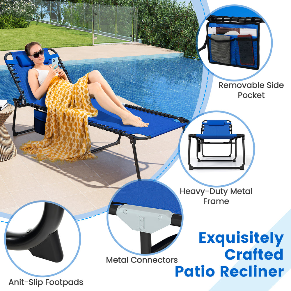 4-position folding lounge chaise in navy with adjustable backrest, detachable headrest, and side pocket for poolside.