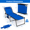 Adjustable backrest and footrest of the navy folding lounge chaise with dimensions, ideal for poolside relaxation.