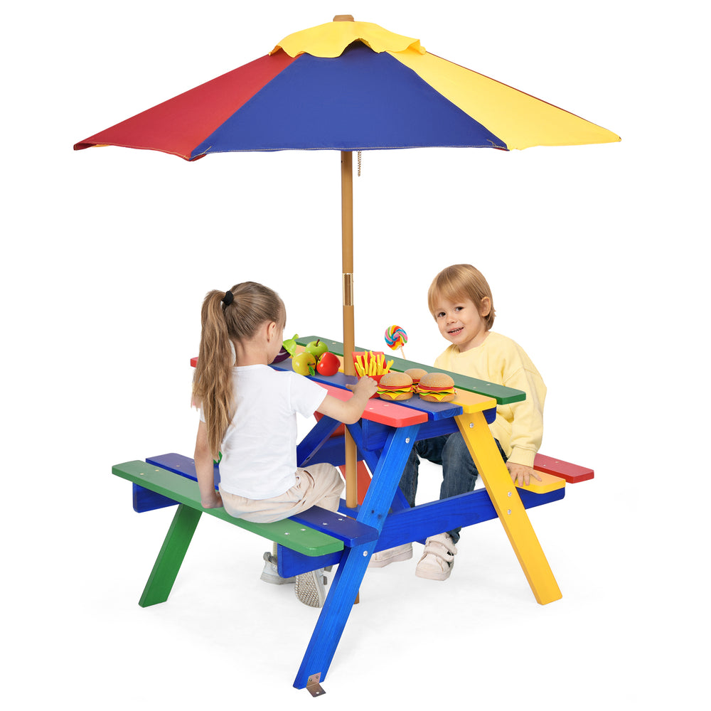 Side view of colorful kids picnic table with umbrella, crafted from eco-friendly fir wood, perfect for outdoor fun and.