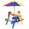 Side view of colorful kids picnic table with umbrella, crafted from eco-friendly fir wood, perfect for outdoor fun and.