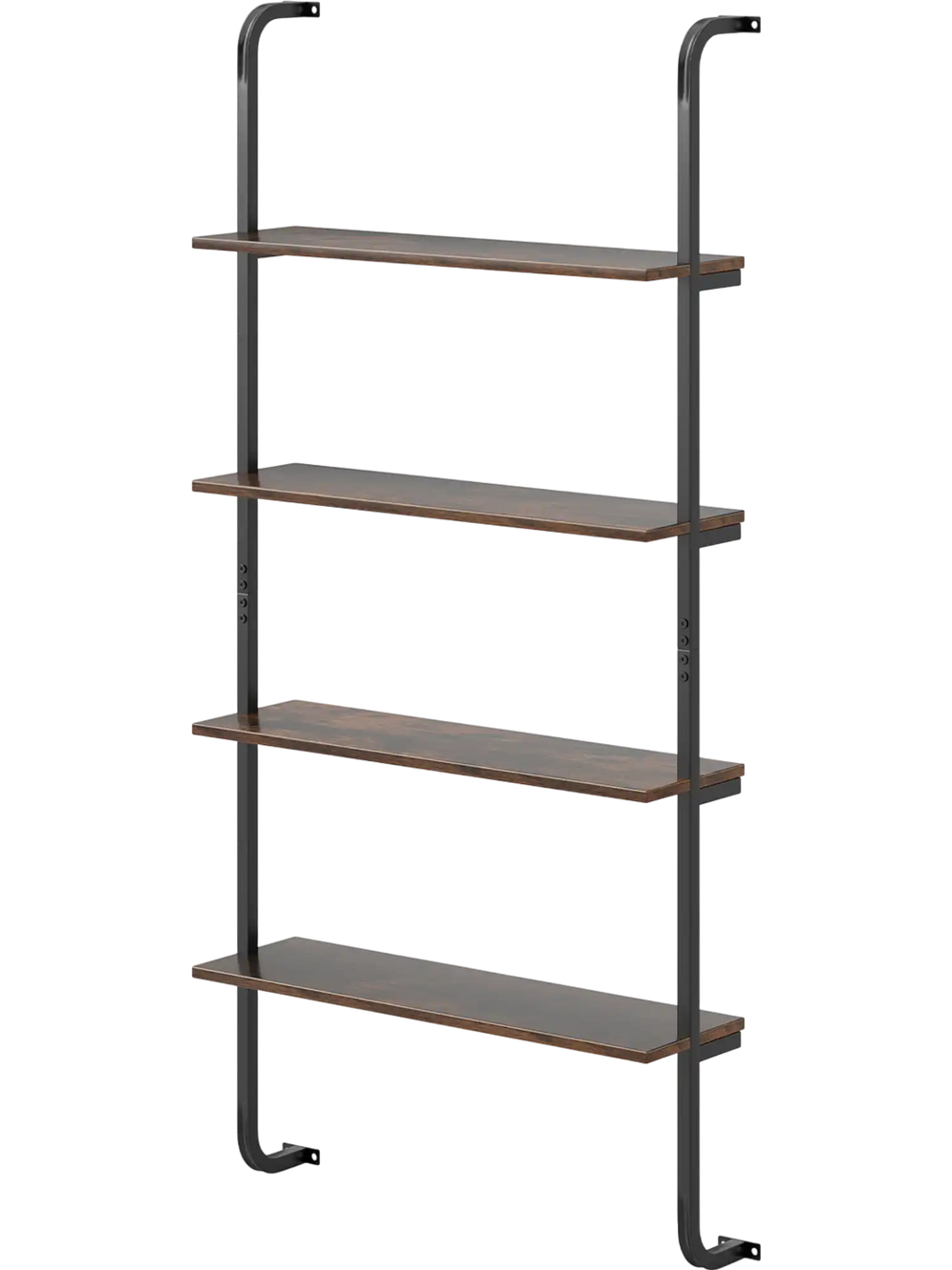 4-tier industrial pipe shelving with rustic brown wood and metal frame, ideal for living room or kitchen organization.
