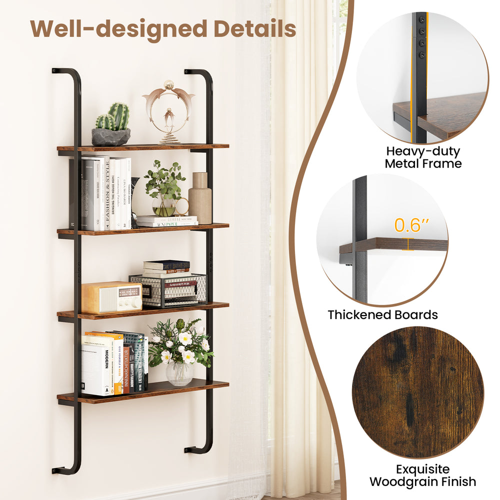 4-tier industrial pipe shelving with a rustic brown finish and sturdy metal frame, perfect for living room or kitchen.