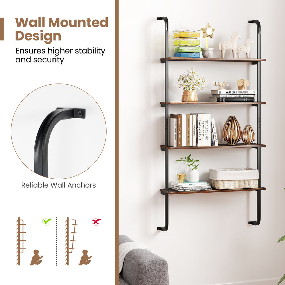 4-tier industrial pipe shelving in rustic brown with metal frame, wall-mounted for space-saving organization in living.