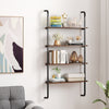 4-tier industrial pipe shelving in rustic brown, wall-mounted for space-saving, ideal for books and decorative items.