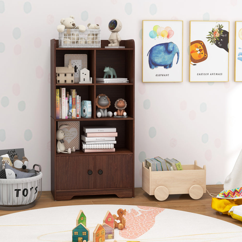 4 Tiers Bookshelf with 4 Cubes Display Shelf and 2 Doors-Brown - Gallery View 1 of 10