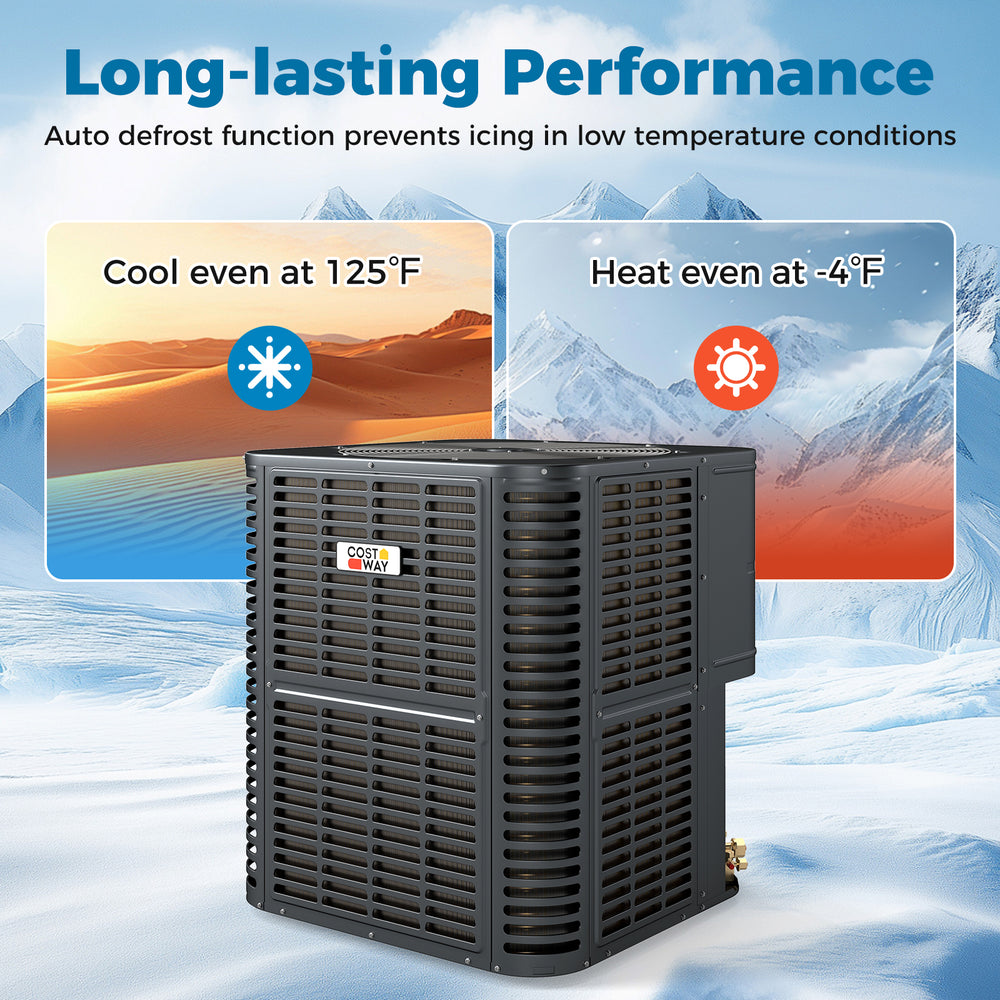 Robust 4 to 5 Ton heat pump system with auto defrost, efficient cooling up to 125°F, and heating down to -4°F.