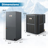 Heat pump system dimensions showing outdoor unit and air handler, featuring 17-17.5 SEER2 efficiency for year-round.