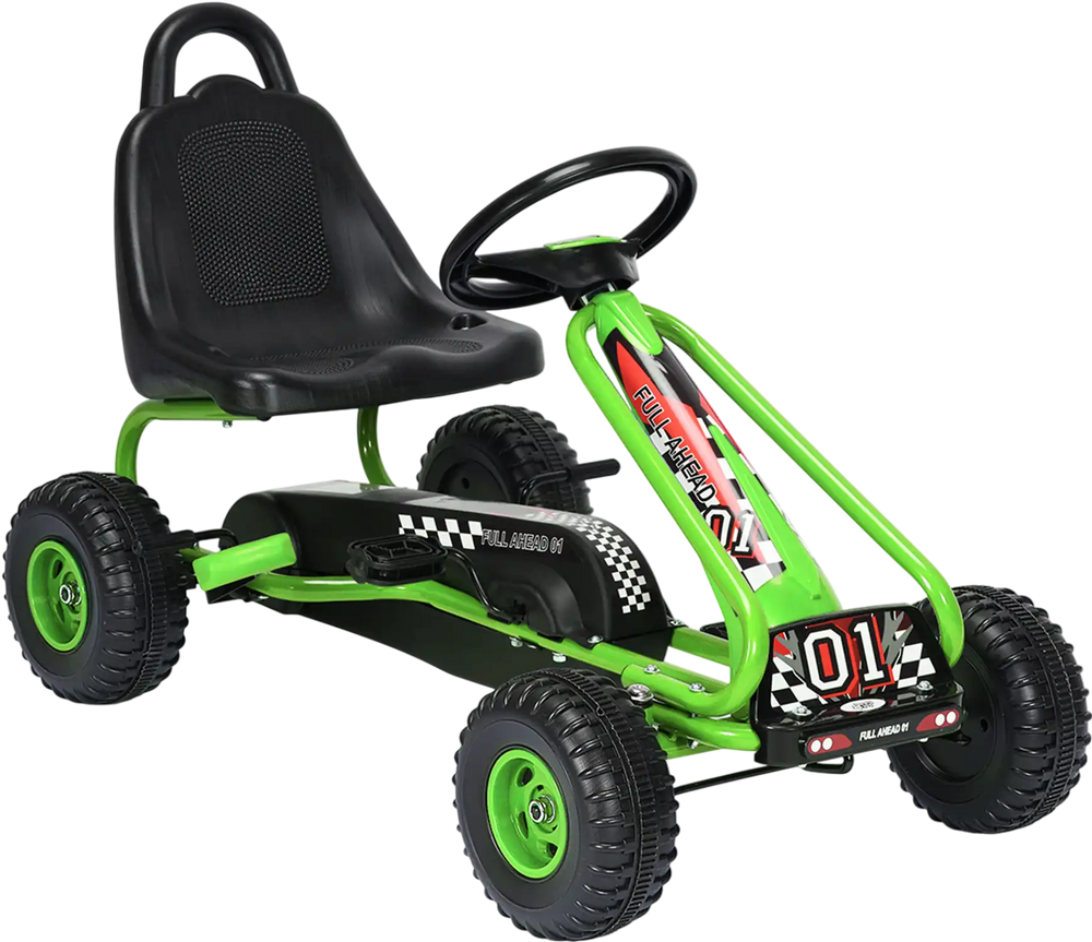 Green pedal-powered ride-on with adjustable seat and handbrake, designed for kids aged 3-6, promoting active play and.