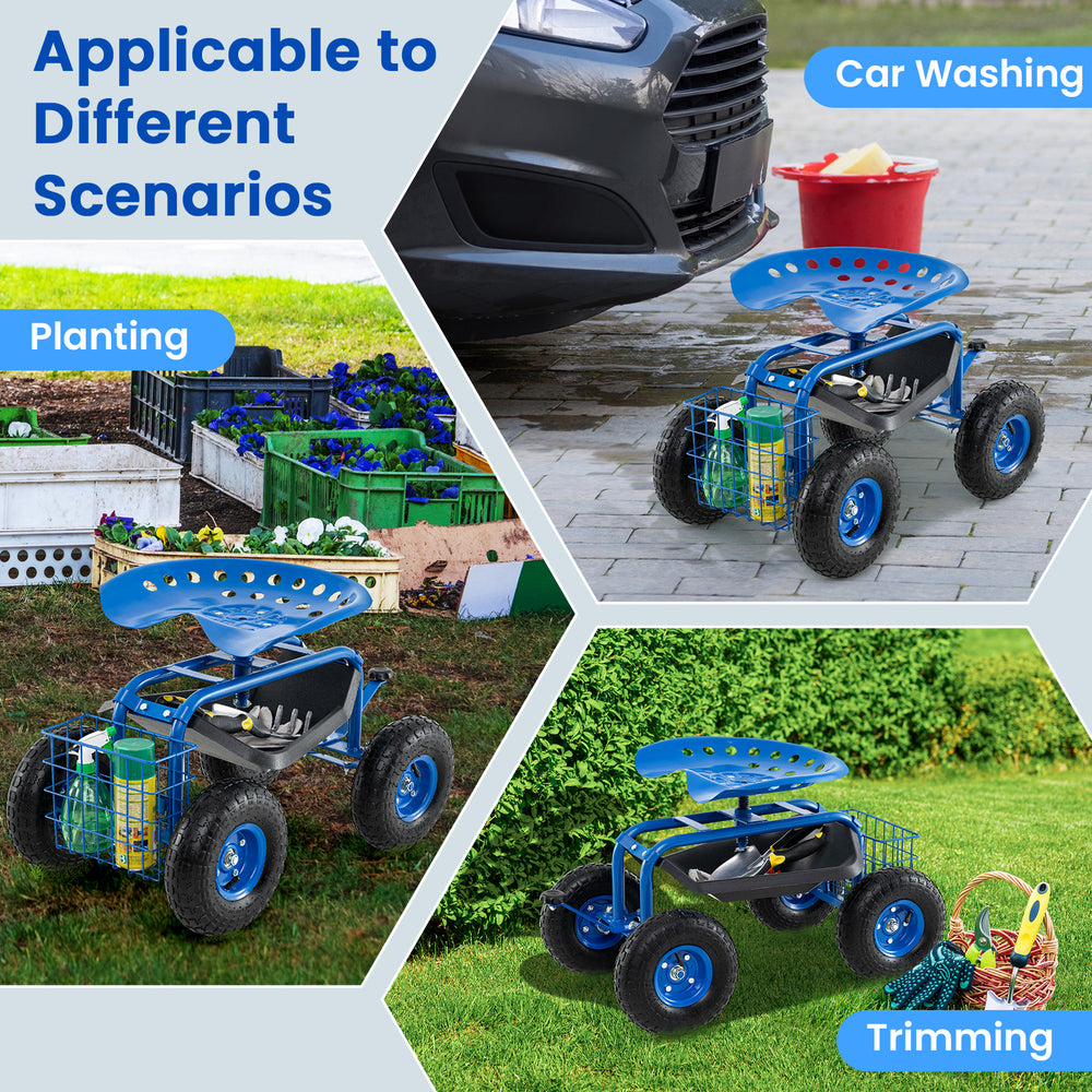 4-wheel rolling garden cart in blue, featuring a sturdy frame, ergonomic seat, and tool storage for versatile outdoor.