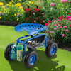 4-wheel rolling garden cart work seat in blue with ergonomic seat, tool tray, and storage basket for gardening.