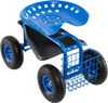 Blue 4-wheel rolling garden cart with ergonomic seat, tool tray, and storage basket for convenient gardening tasks.