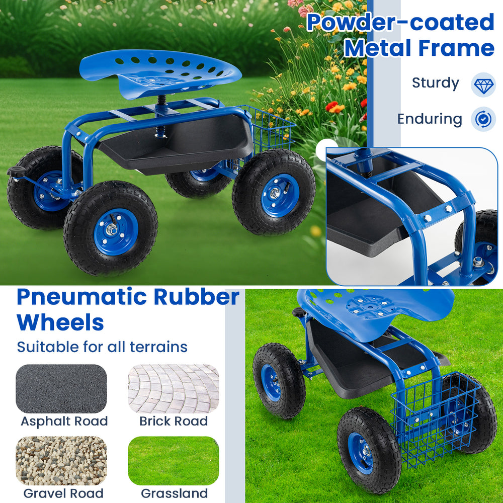 Rolling garden cart with pneumatic rubber wheels, adjustable seat, and tool tray, perfect for outdoor gardening tasks.