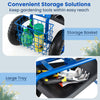 Rolling garden cart with storage basket and large tool tray, featuring a sturdy blue frame and ergonomic seat.