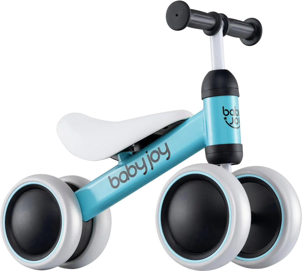 Baby balance bike in blue with 4 wheels, soft padded seat, and anti-slip handlebars for toddlers aged 2 and up.