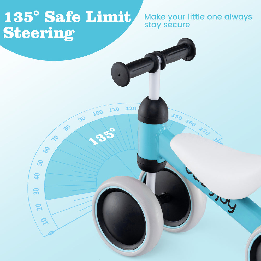 Close-up of the Baby Balance Bike's 135° safe limit steering and anti-slip handlebars for secure riding.