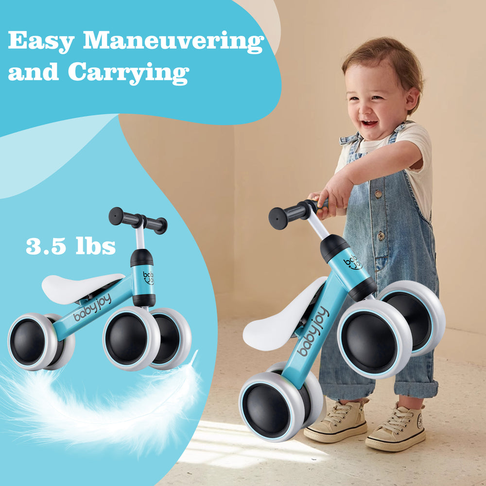 Toddler balance bike in blue with 4 wheels, lightweight at 3.5 lbs, ideal for safe indoor and outdoor riding.
