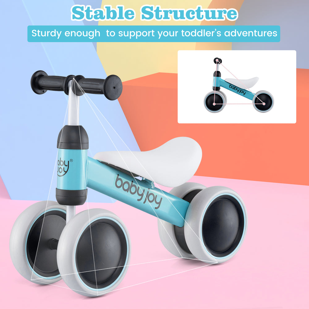 Baby balance bike in blue with 4 wheels, soft seat, and anti-slip handlebars for toddlers aged 2+, ideal for indoor and.