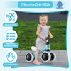 Toddler riding balance bike in blue with 4 wheels, promoting motor skills and stability for 2+ years old kids.