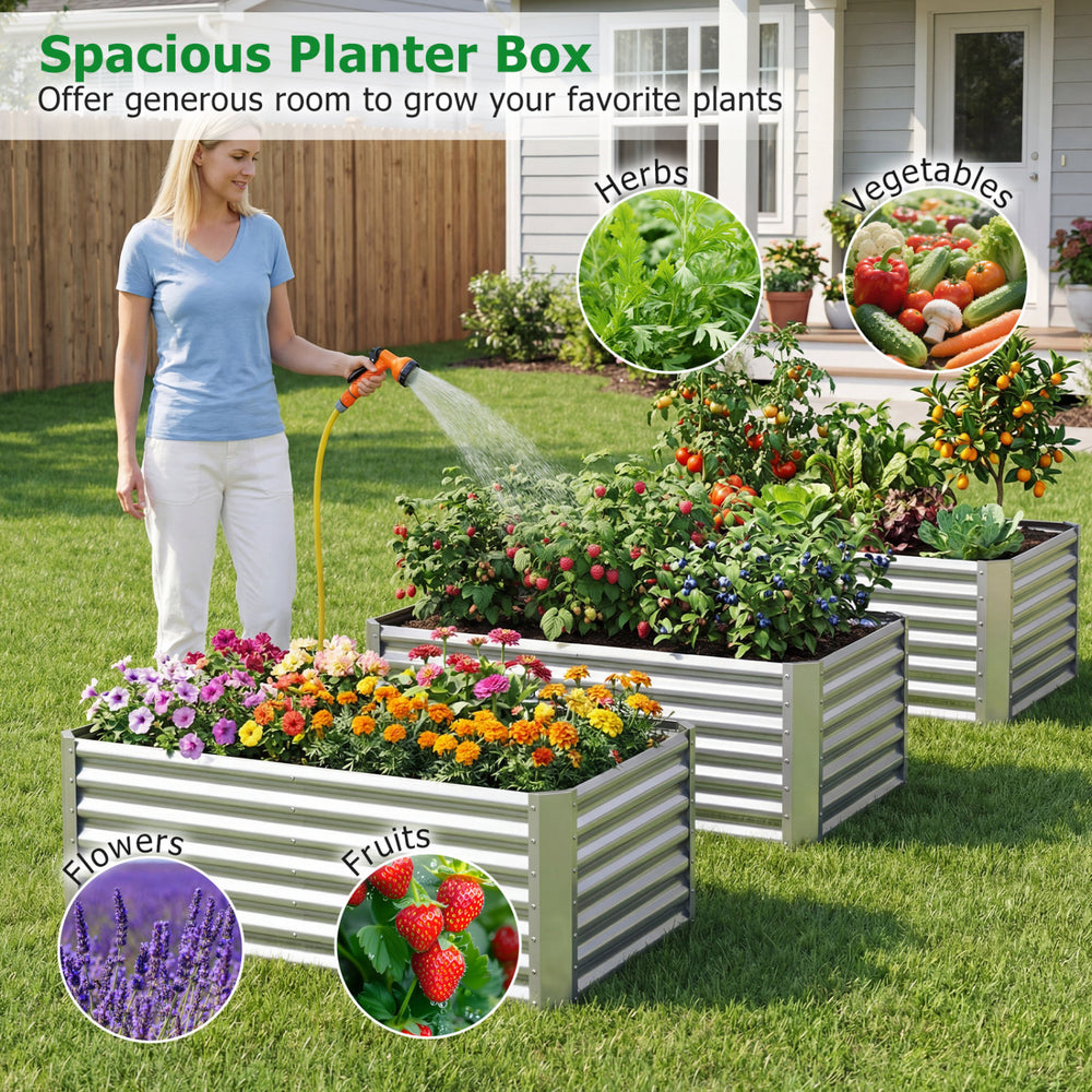 Spacious galvanized metal planter box for growing vegetables, flowers, herbs, and fruits in your backyard or patio.