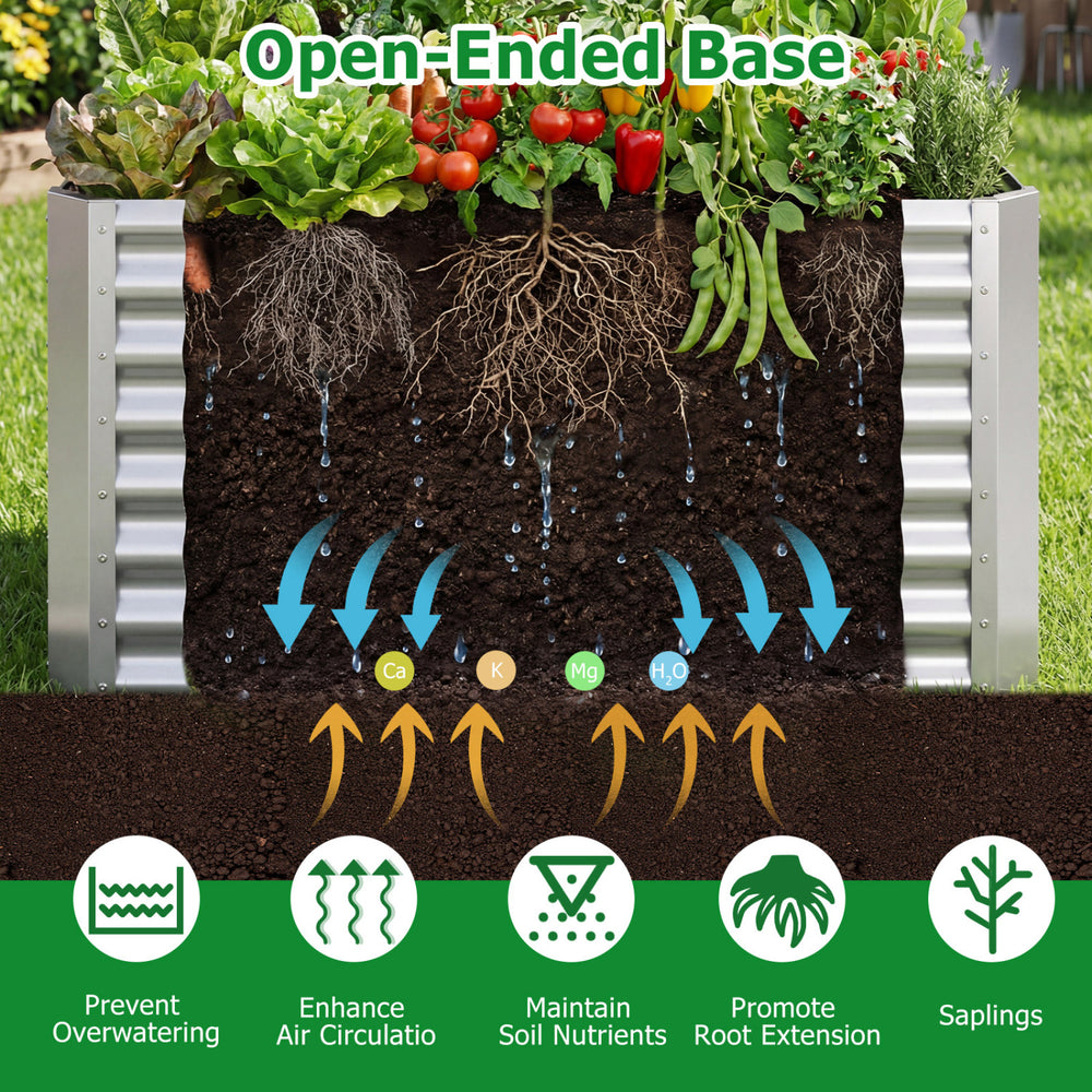Galvanized metal raised garden bed with open-ended base, ideal for growing vegetables and flowers in your backyard.
