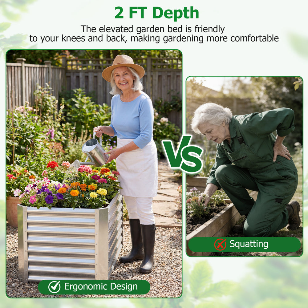 Galvanized raised garden bed with ergonomic design, ideal for growing vegetables and flowers in your backyard or patio.