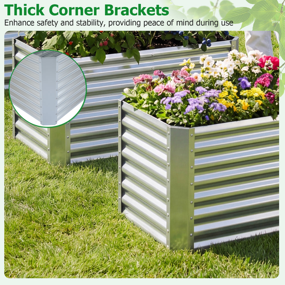 Thick corner brackets of a galvanized metal planter box, enhancing stability for a durable raised garden bed.