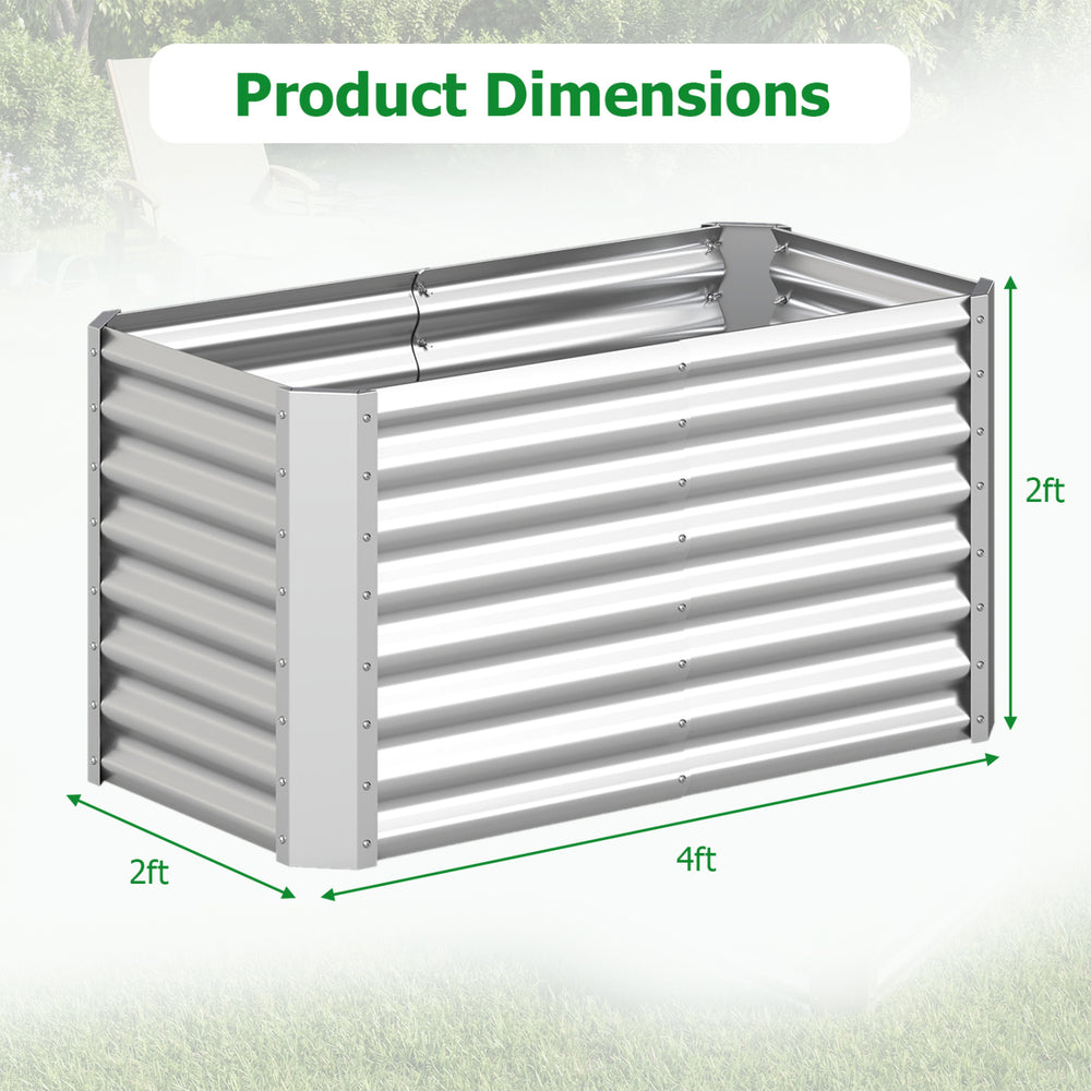 Galvanized metal planter box dimensions 4ft x 2ft x 2ft, ideal for growing vegetables and flowers in your garden.