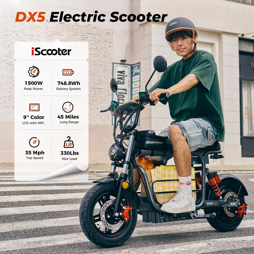DX5 Electric Scooter hero image (feature callouts)