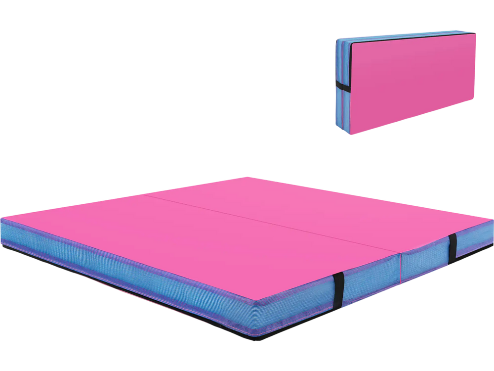 Bi-folding 4ft x 4ft x 4in pink gymnastic tumbling mat with handles, waterproof PU leather, ideal for yoga and.