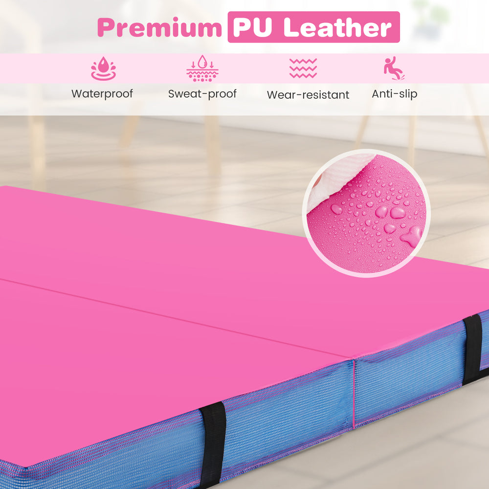 Bi-folding 4ft x 4ft x 4in pink gymnastic tumbling mat with waterproof PU leather, designed for comfort and durability.