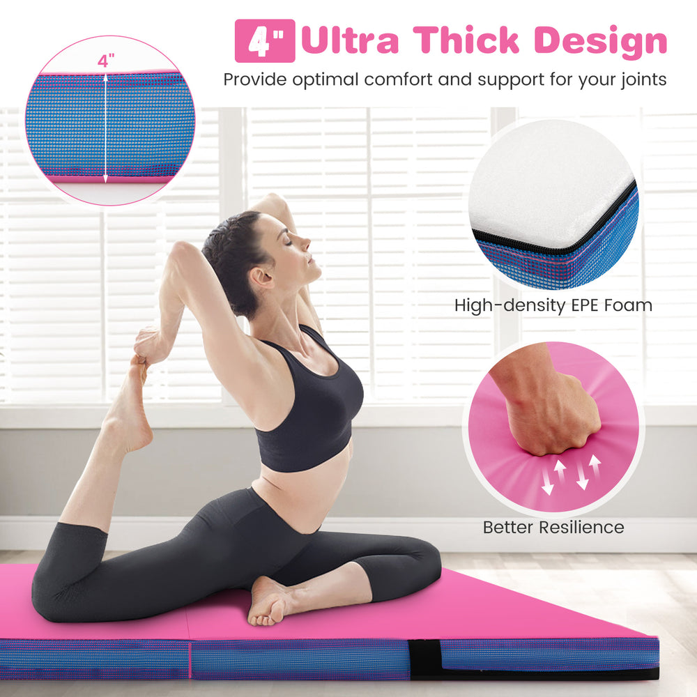 4" thick pink bi-folding gymnastic tumbling mat with handles, made of high-density EPE foam for comfort and support.