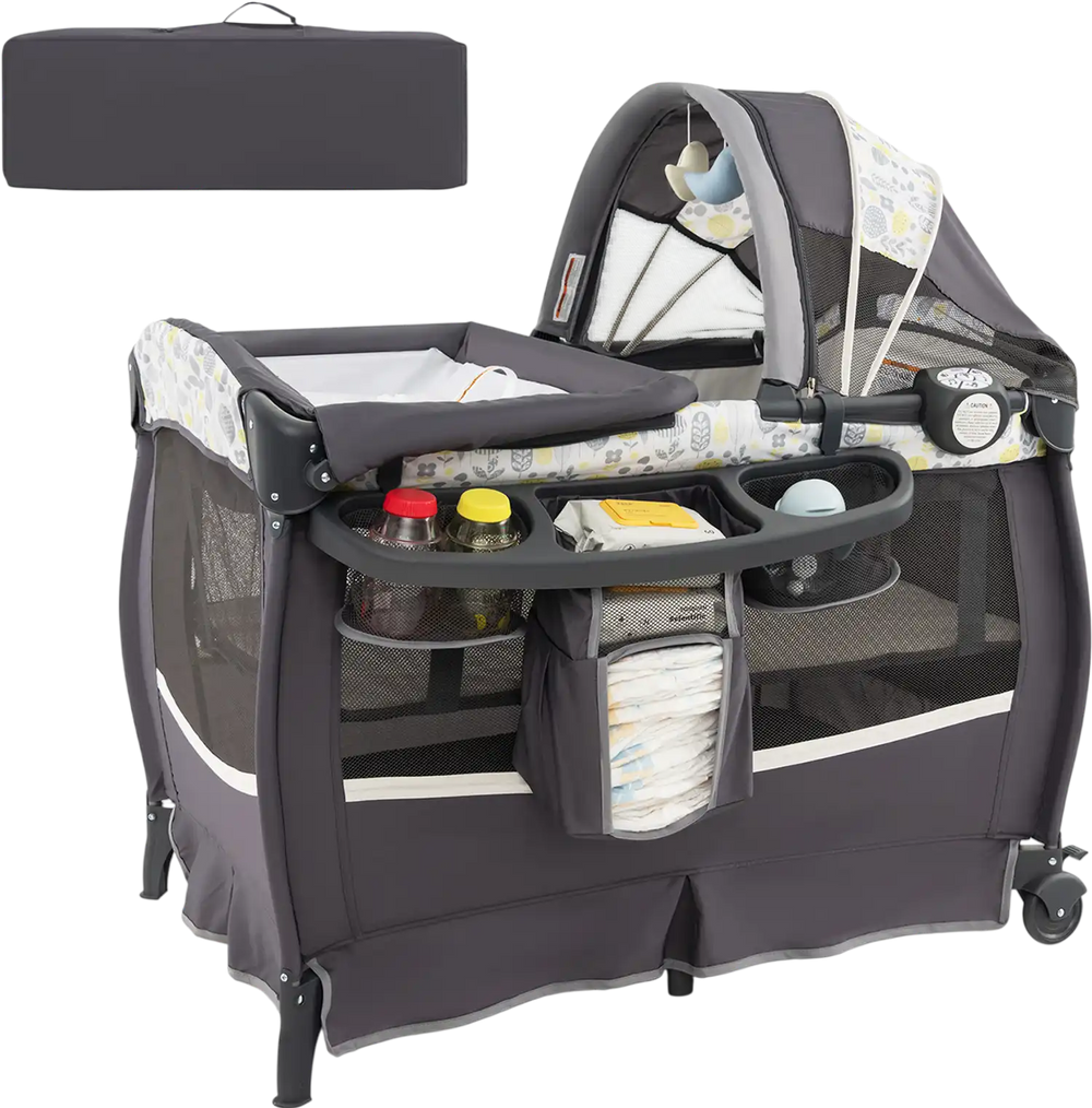 4 in 1 Portable Pack and Play Baby Nursery Center in yellow, featuring a bassinet, changing table, and storage pockets.