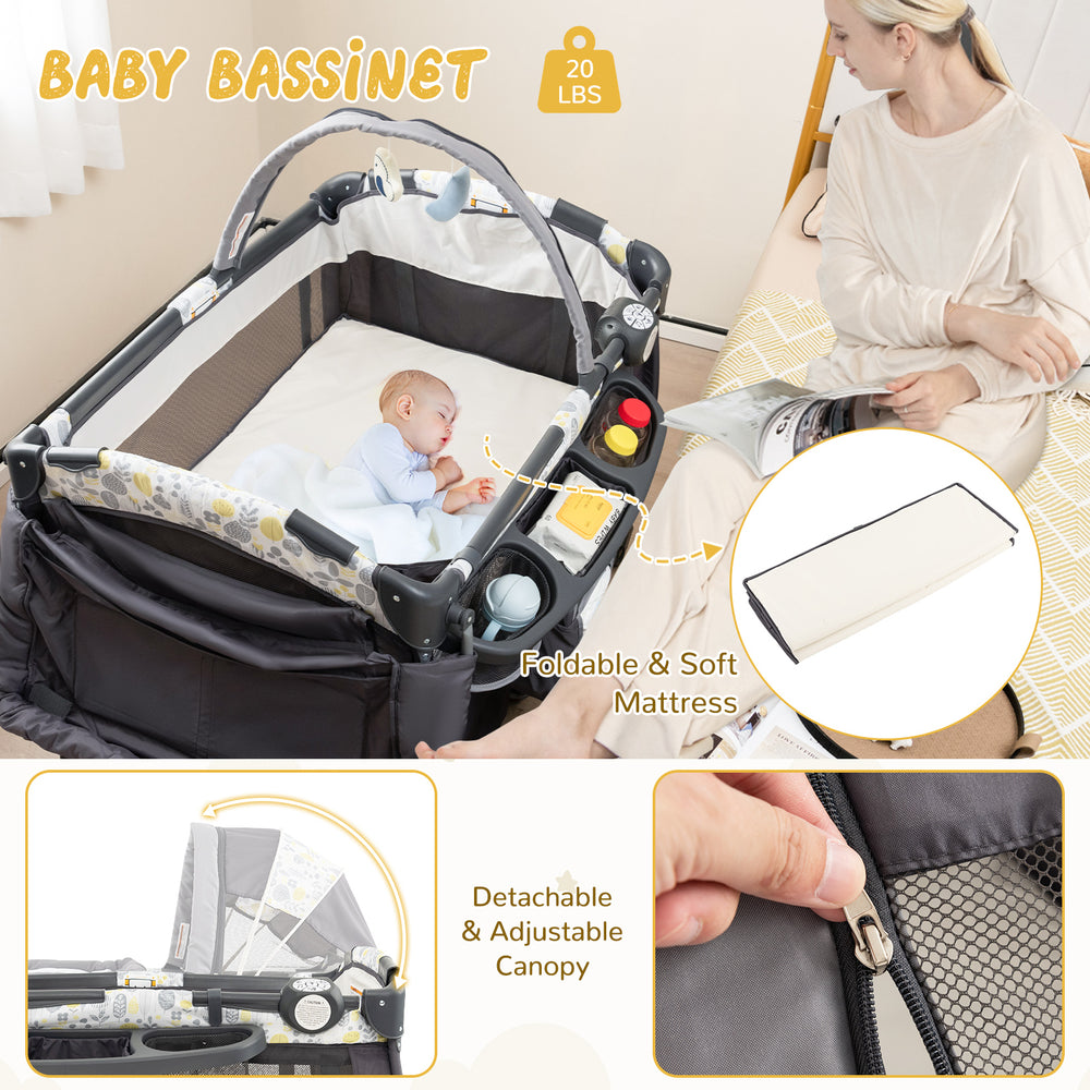 Portable baby bassinet with adjustable canopy, soft mattress, and storage pockets for convenient nursery care.