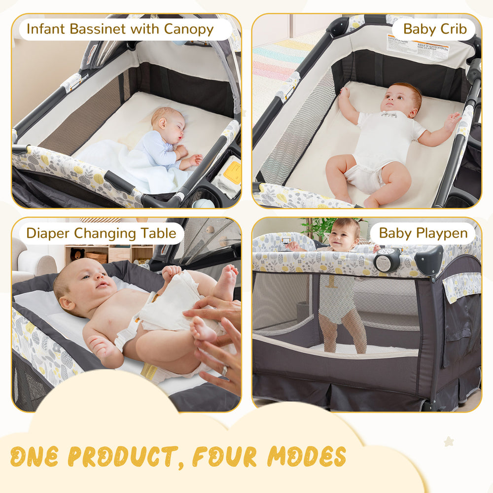 4-in-1 portable baby nursery center in yellow, showing bassinet, changing table, crib, and playpen modes for versatile.