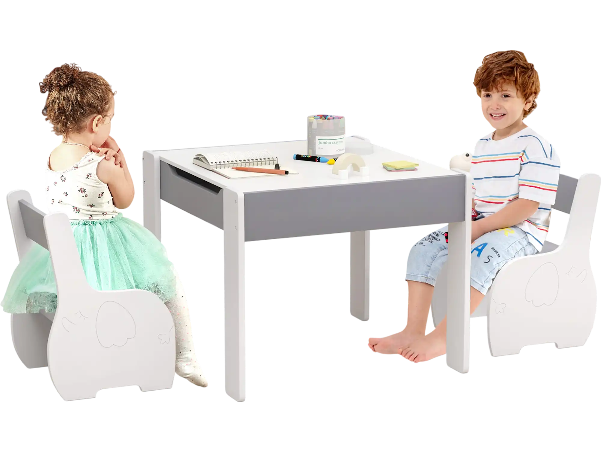 Costway 4-in-1 Wooden Kids Activity Table & Chairs w/ Storage Blackboard Gray 76438592 New