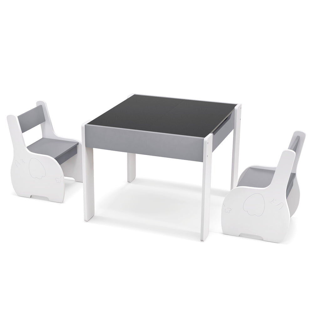 Gray 4-in-1 wooden activity table with detachable blackboard and two chairs, perfect for kids' rooms and playrooms.